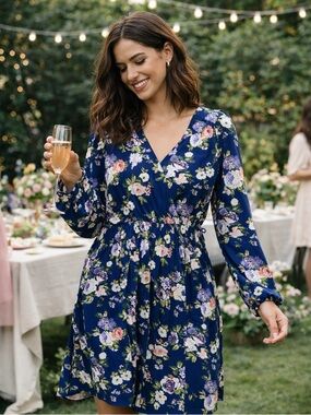 Lulus Floral Dress Small Navy Long Sleeve Wrap Style